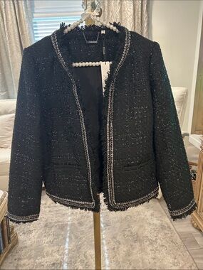 Chico's Black Tweed Open Front Fringe-Trim Jacket